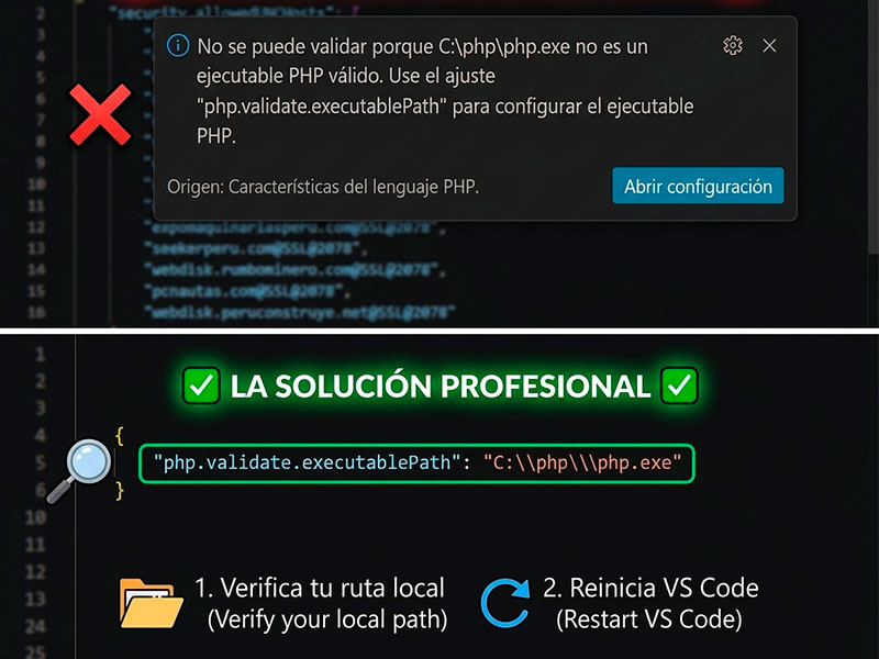 Cómo solucionar el error de validación de PHP en VS Code